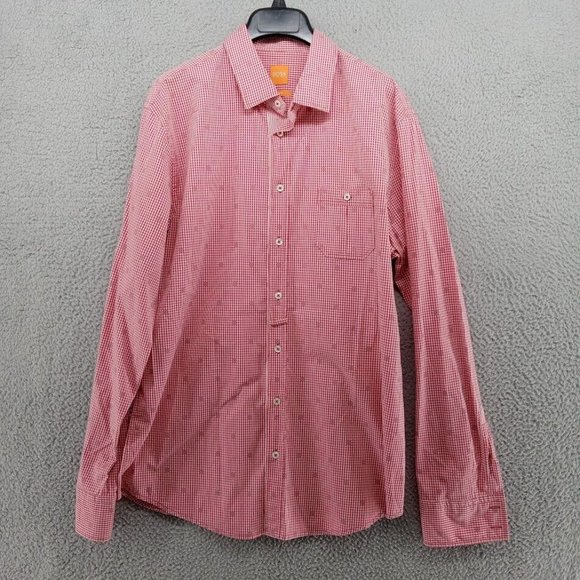 Boss Hugo Boss Shirt Mens XL Red Gingham Check Geometric Slim Fit Orange Tag - Picture 1 of 9